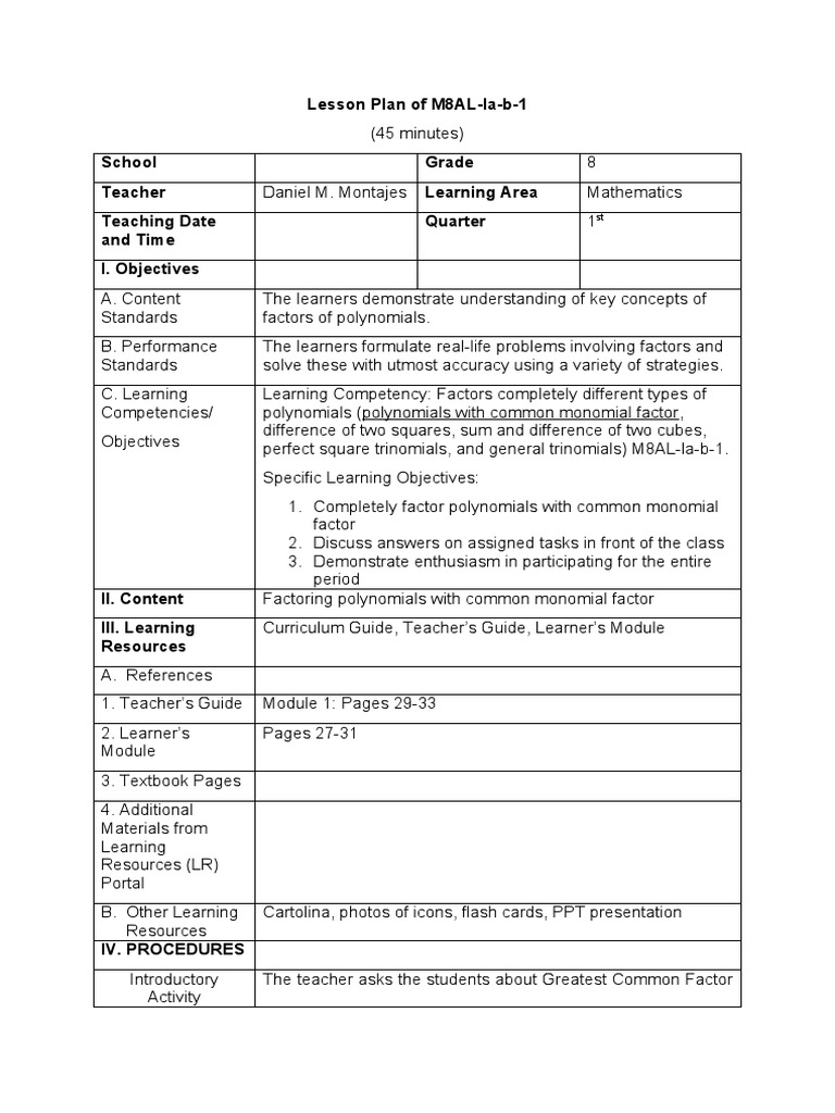 Factoring Polynomials Lesson Plan | PDF | Teaching Methods & Materials ...