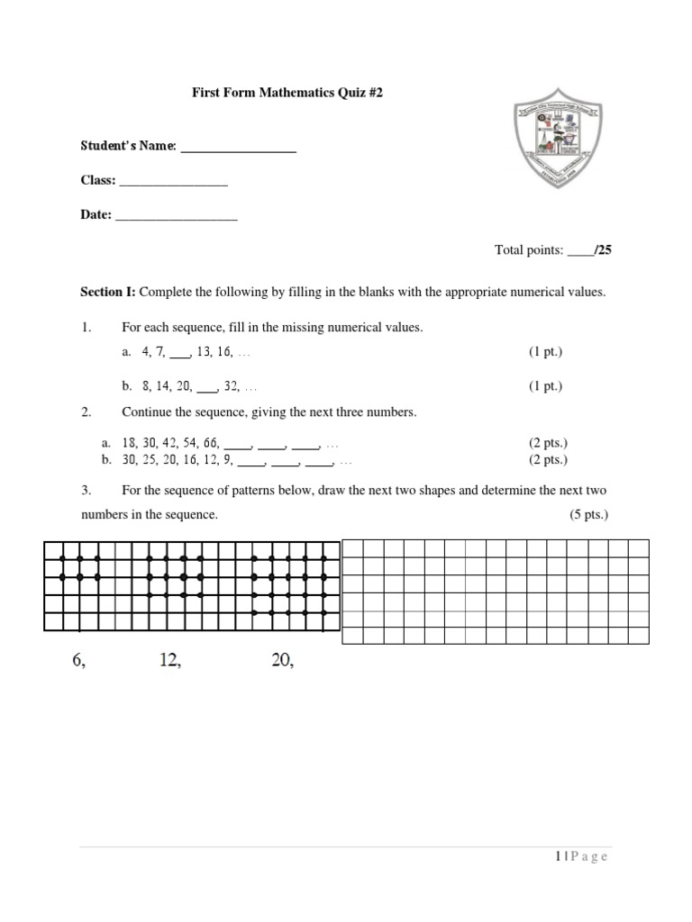First Form Math Quiz: Sequences & Conversions | PDF