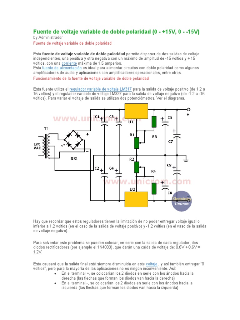 Fuente de Voltaje Variable Bipolar LM317/LM337 | PDF | Amplificador | Diodo