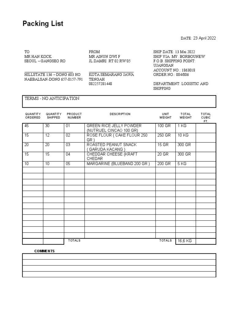 Shipping Packing List for April 2022 | PDF