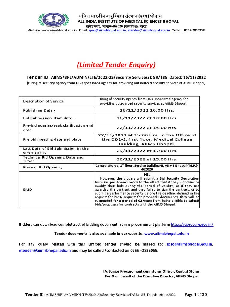Limited Tender EnquiryHiring of Security Agency AIIMS Bhopal PDF