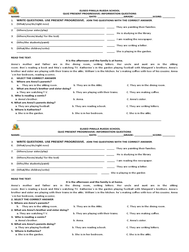 Quiz Present Progressive Information Questions | PDF