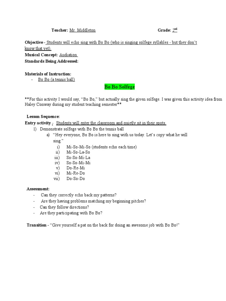Bo Bo Activity Sample Lesson Plan | PDF