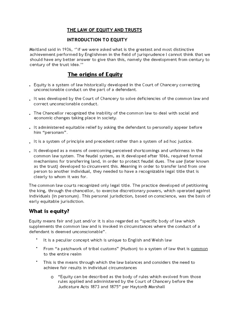 EQUITY AND TRUSTS LECTURE NOTES (New) | PDF | Equity (Law) | Legal Remedy