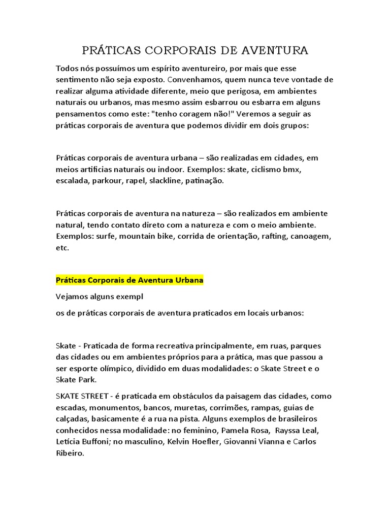 Práticas Corporais de Aventura: Tipos e Exemplos | PDF | Músculo ...
