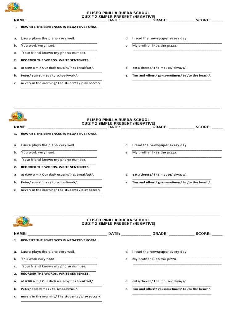 Quiz Simple Present Negative | PDF