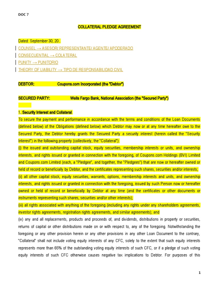7 Collateral Pledge Agreement PDF Arbitration Security Interest