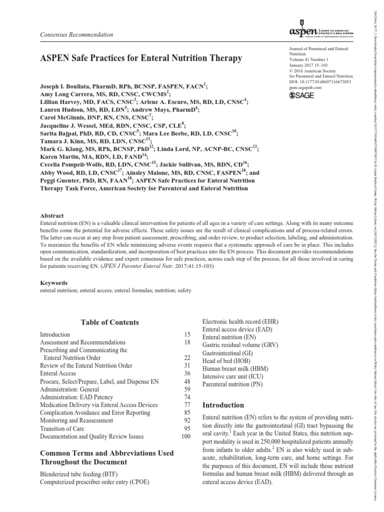 ASPEN Safe Practices For Enteral Nutrition Therapy - J Parenter Enteral ...