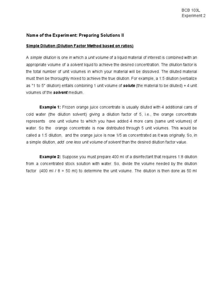 BCB 103L Expt 2 Preparing Solutions II PDF Concentration Water