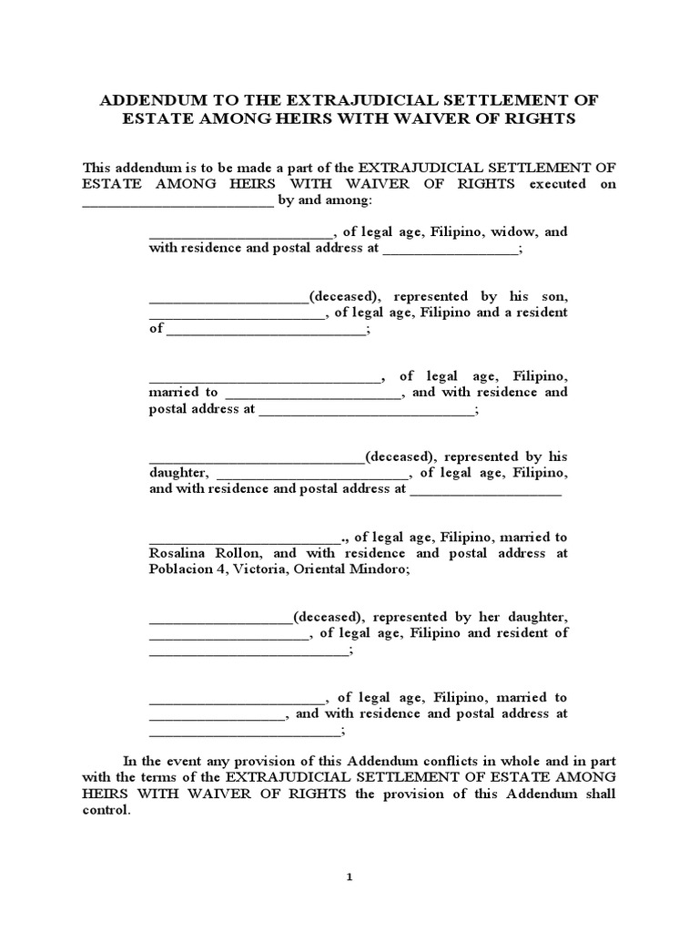 Addendum to Extrajudicial Estate Settlement | PDF | Politics | Social ...