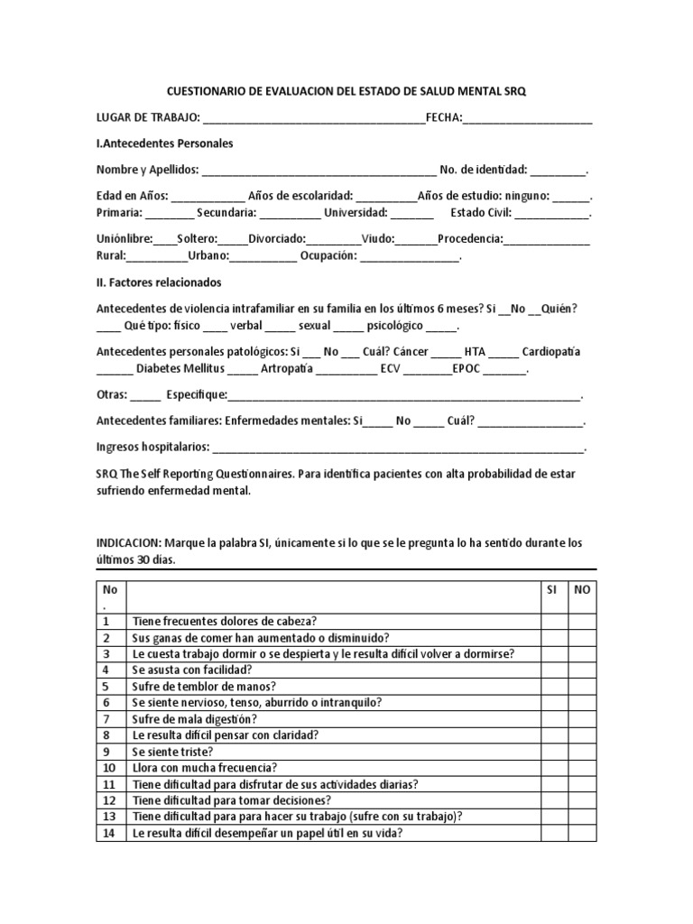Cuestionario De Evaluacion Del Estado De Salud Mental Srq Rad