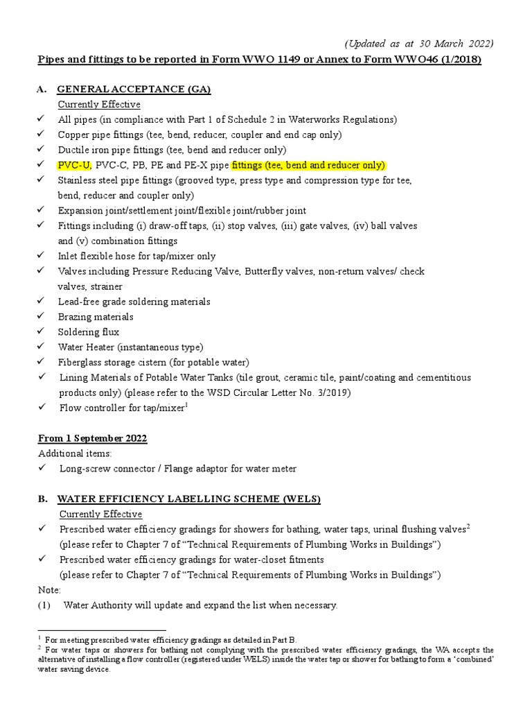 Pipes and Fittings To Be Reported in Form WWO1149 | PDF