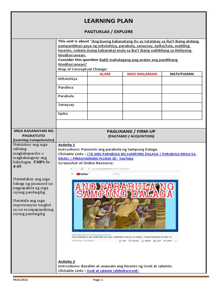 1st Q Fil10 Learning Plan Template | PDF