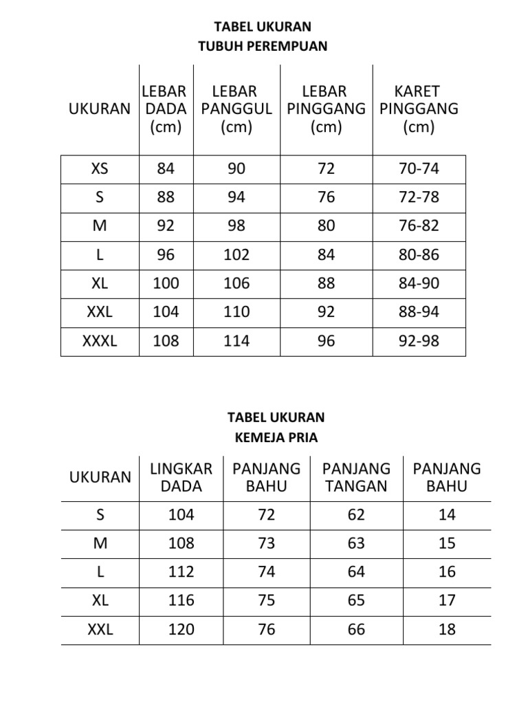 Tabel Ukuran Baju | PDF