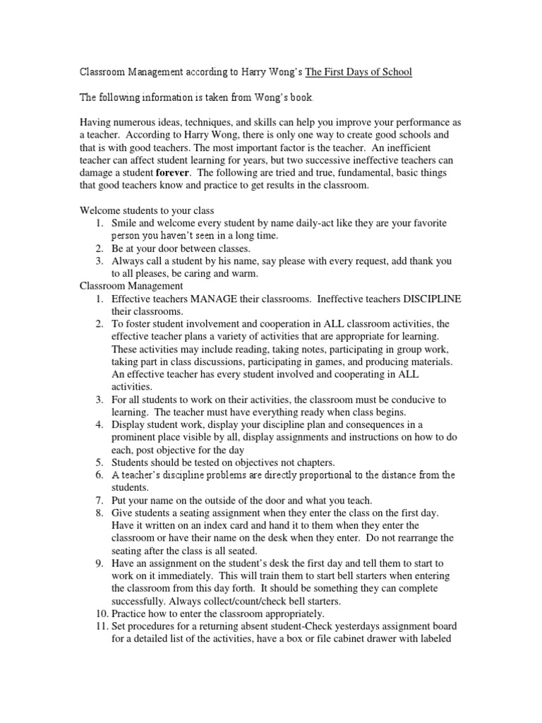 Classroom management according to harry wongs the first days pdf