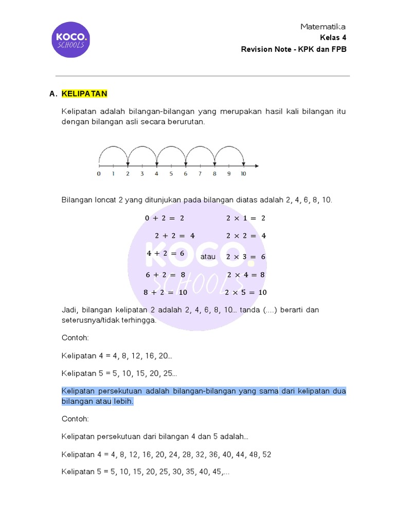 Revision Note - Matematika Kelas 4 - KPK Dan FPB | PDF