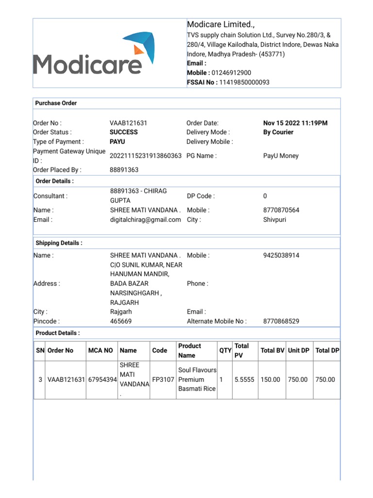 Modicare Order Details for Shree Mati Vandana | PDF