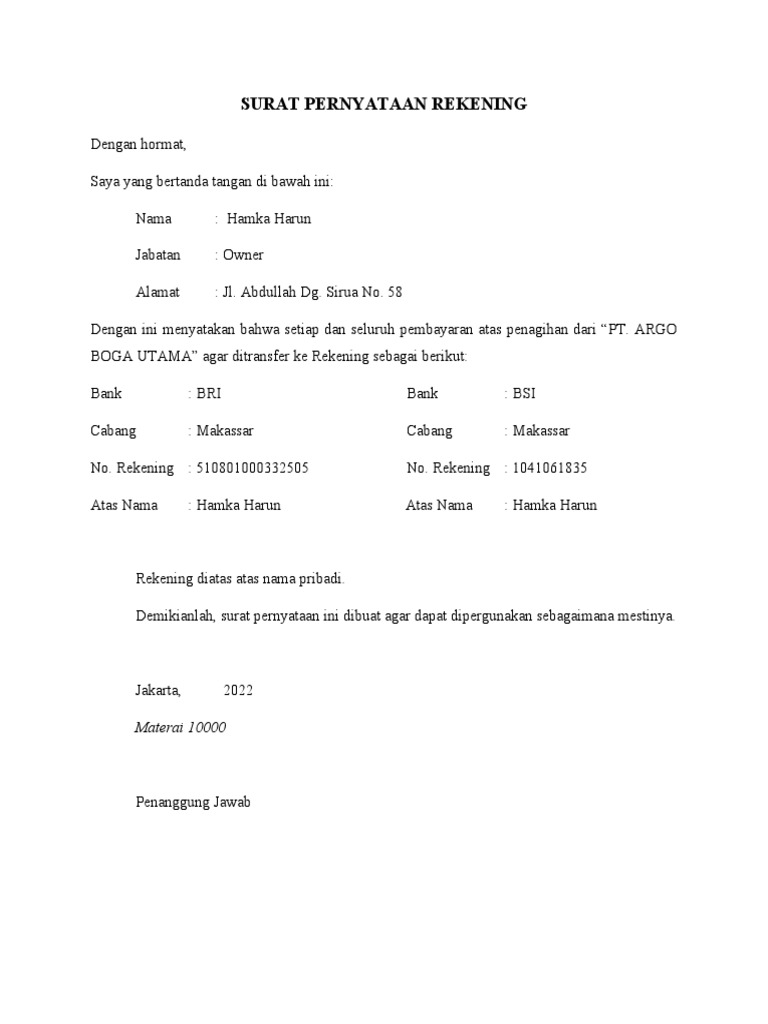 Form Surat Pernyataan Rekening | PDF