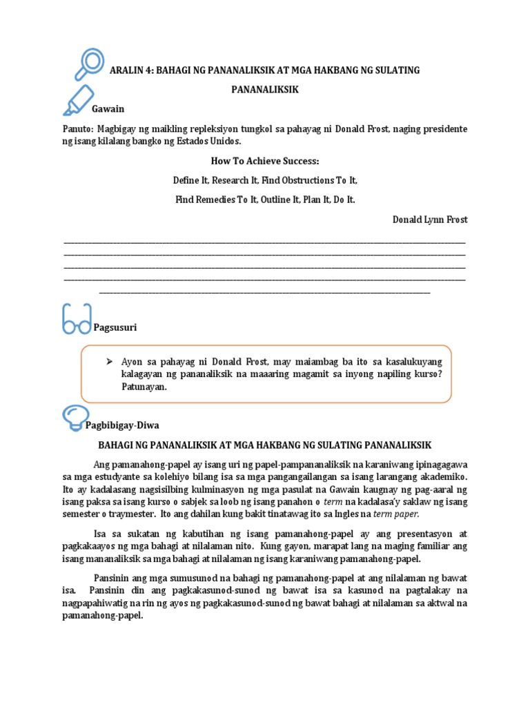 Aralin 4 Bahagi NG Pananaliksik at Mga Hakbang NG Sulating Pananaliksik ...