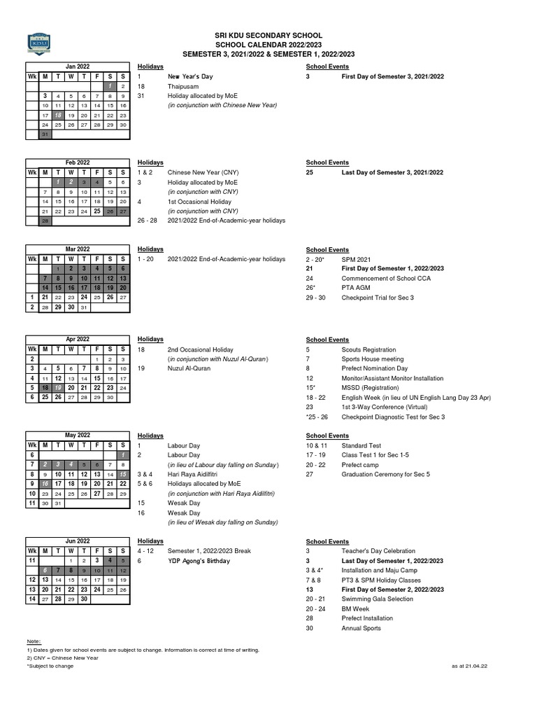 2022 2023 Sri KDU Secondary School Calendar (SSKDU Secondary