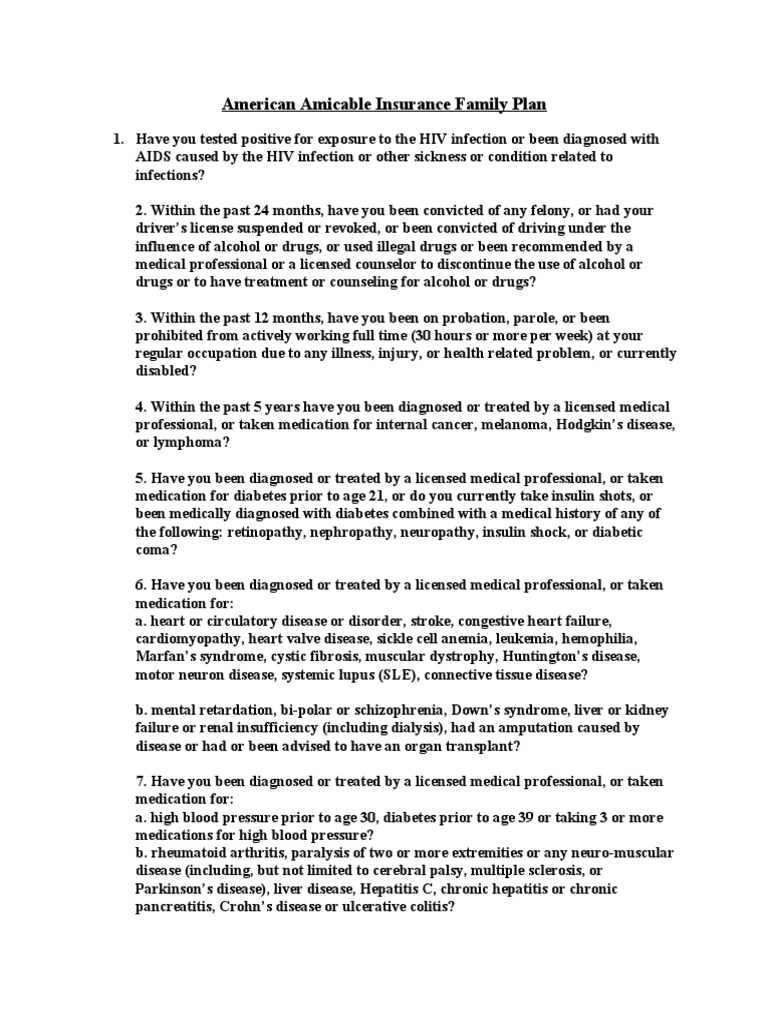 American Amicable Insurance Family Plan Questions PDF Chronic
