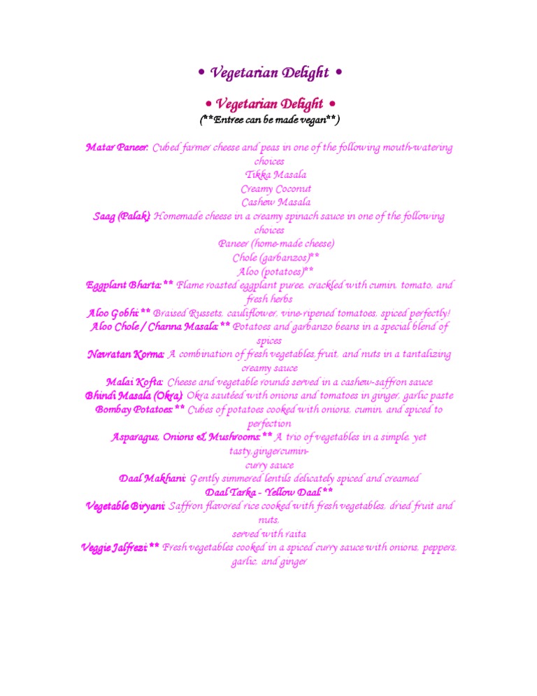 Vegetarian Delight Menu PDF