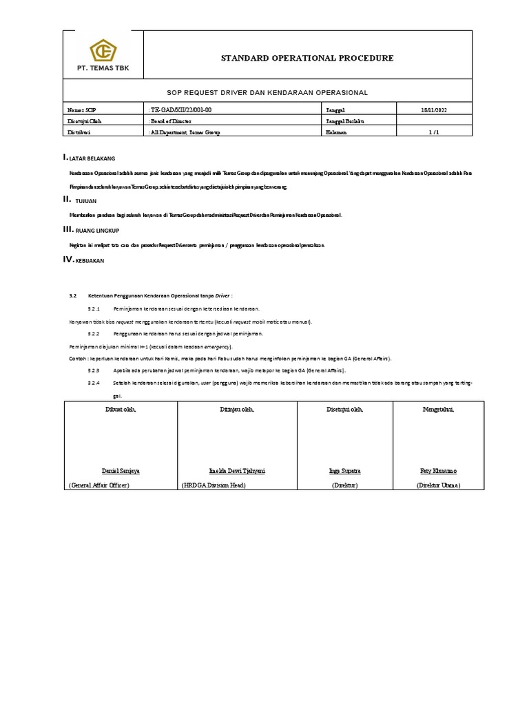 Sop (Request Driver Dan Kendaraan Ops) | PDF