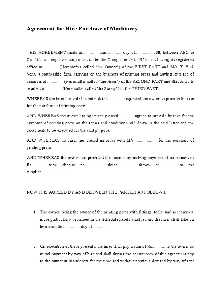 Hire-Purchase Agreement for Machinery | PDF | Insurance | Employment