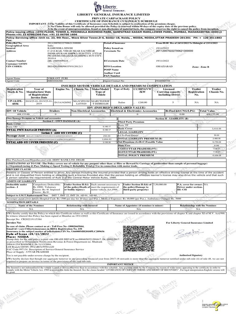 Liberty General Insurance Limited: Insured Motor Vehicle Details and ...