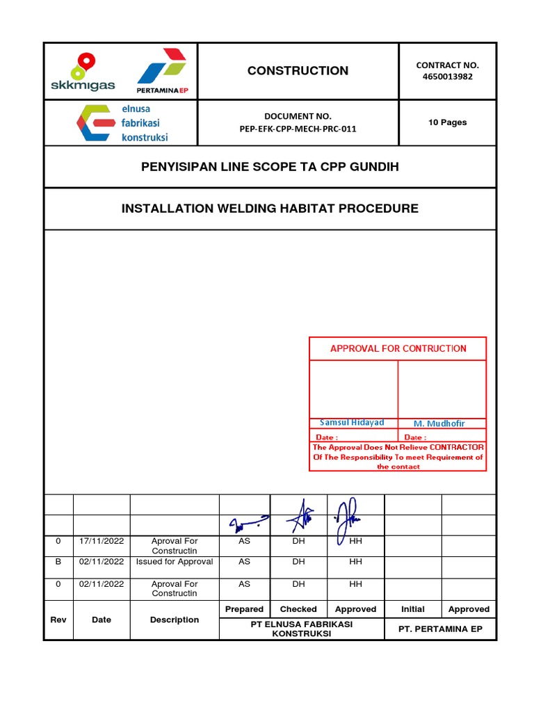 Pep Efk CPP Mech PRC 011 Installasi Welding Habitat Procedure PDF