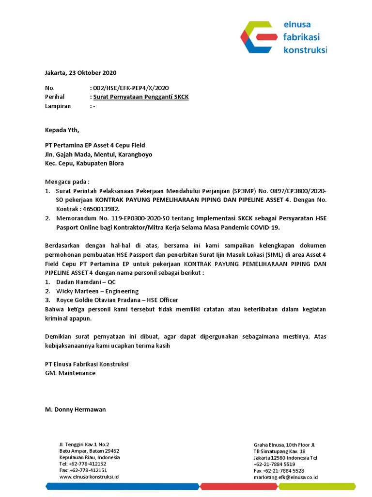 Surat Pernyataan Pengganti SKCK PT EFK PDF