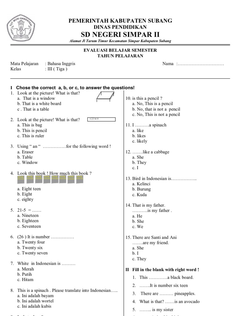  Soal  Bahasa  Inggris  Kelas  3 Sd