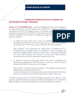 Communiqué - Décisions de La Formation Régulation Du Conseil de Discipline Du Rugby Français - Carcassonne Et Grenoble