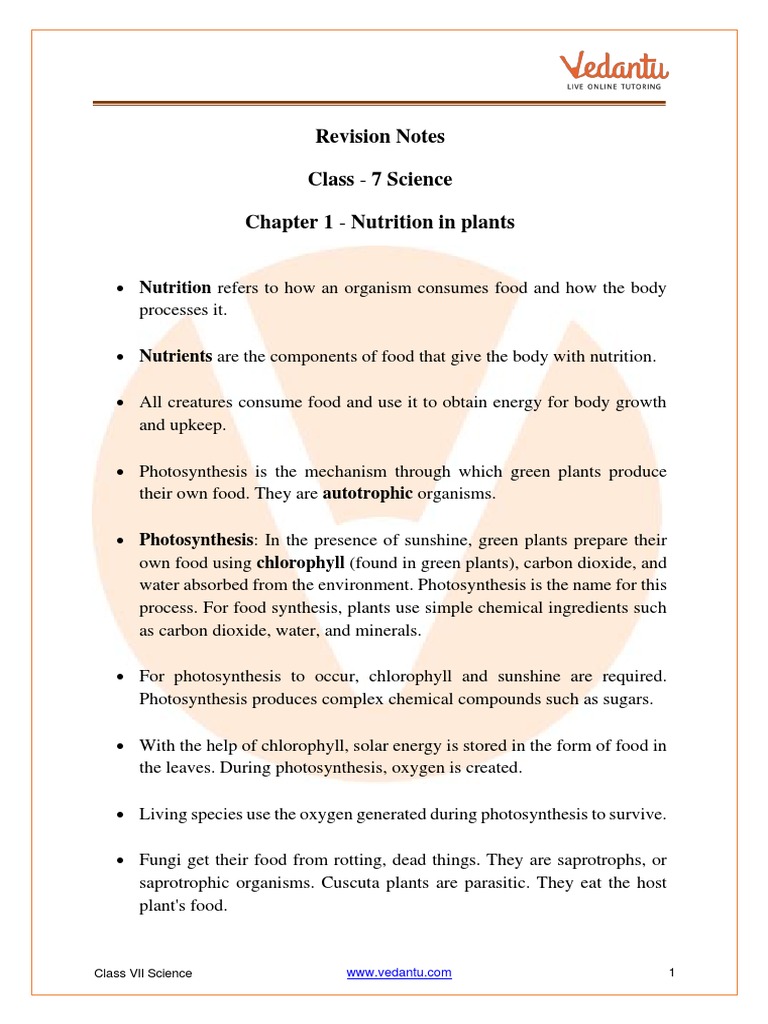 Class 7 Science Chapter 1 Revision Notes | PDF | Plants | Nutrition