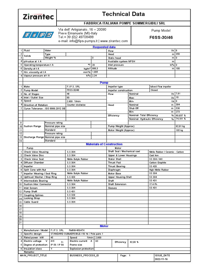 Data Sheet F6SS-30 46 | PDF | Pump | Equipment