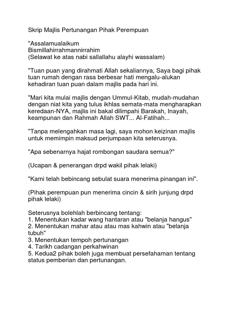 Skrip Majlis Pertunangan Pihak Perempuan | PDF