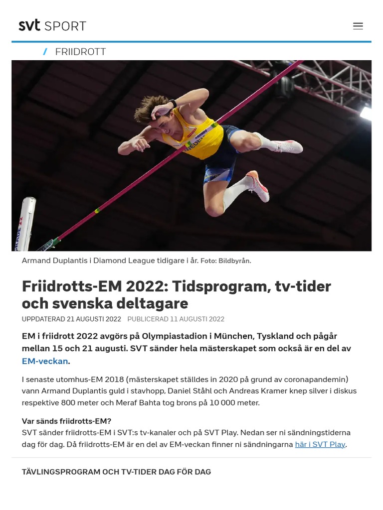 FriidrottsEM 2022 Tidsprogram, TvTider Och Svenska Deltagare SVT