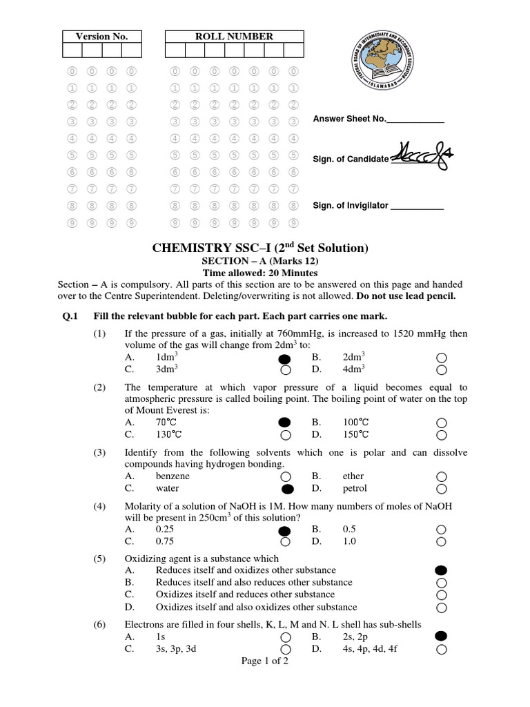 Chemistry Ssc I Slo Solution Of 2nd Set Model Question Paper Pdf