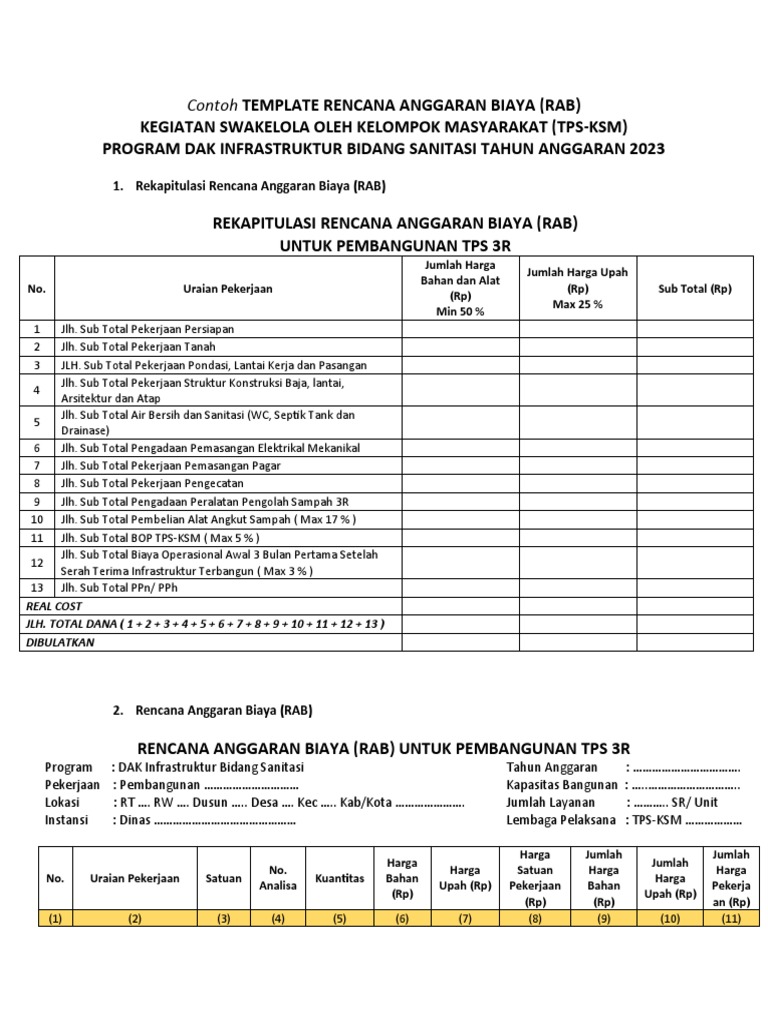 Template RAB Pembangunan TPS 3R 2023 | PDF