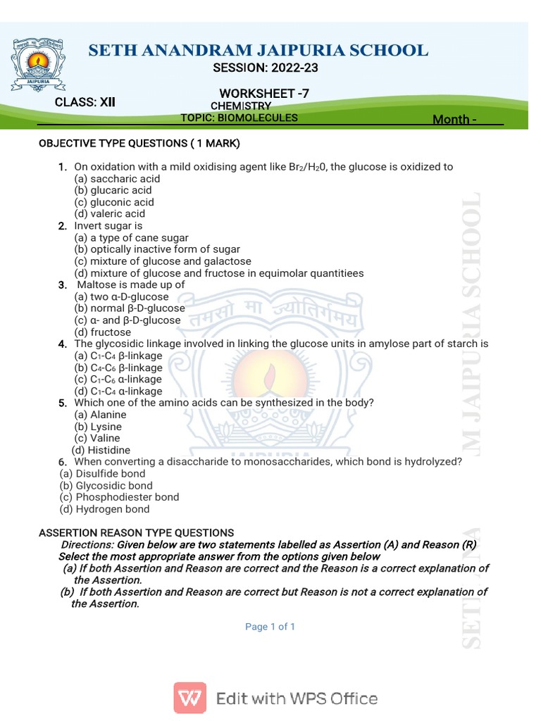 Biomolecules Worksheet PDF