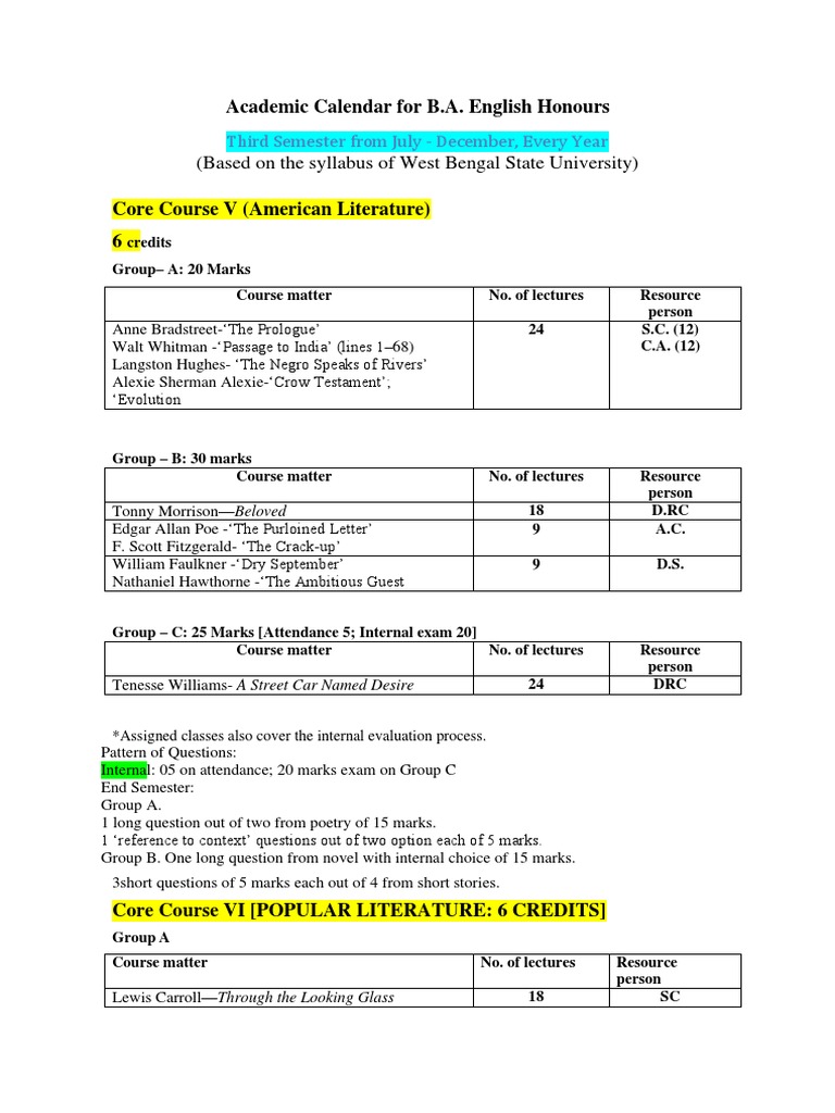 Syllabus Cum Academic Calendar For ENG HONS 3rd Sem PDF
