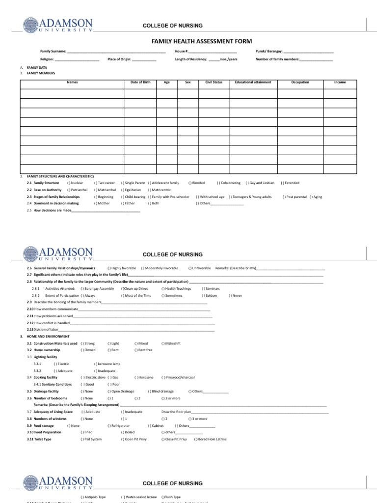 Family Health Assessment Questionnaire | PDF | Family | Pregnancy