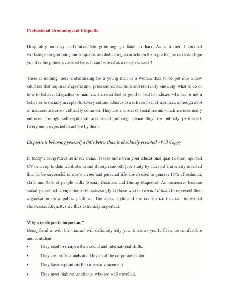 Grooming Business and Professional Etiquettes Presenting Yourself PDF