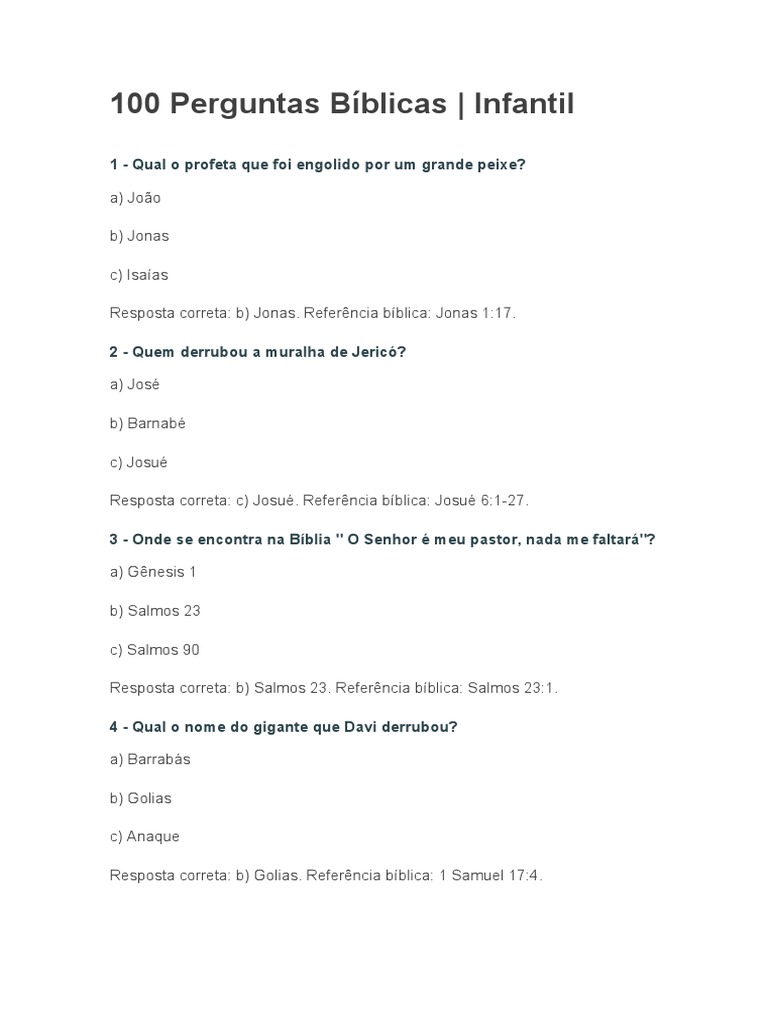 100 Perguntas Bíblicas para Crianças | PDF | Gênesis (livro) | Jesus