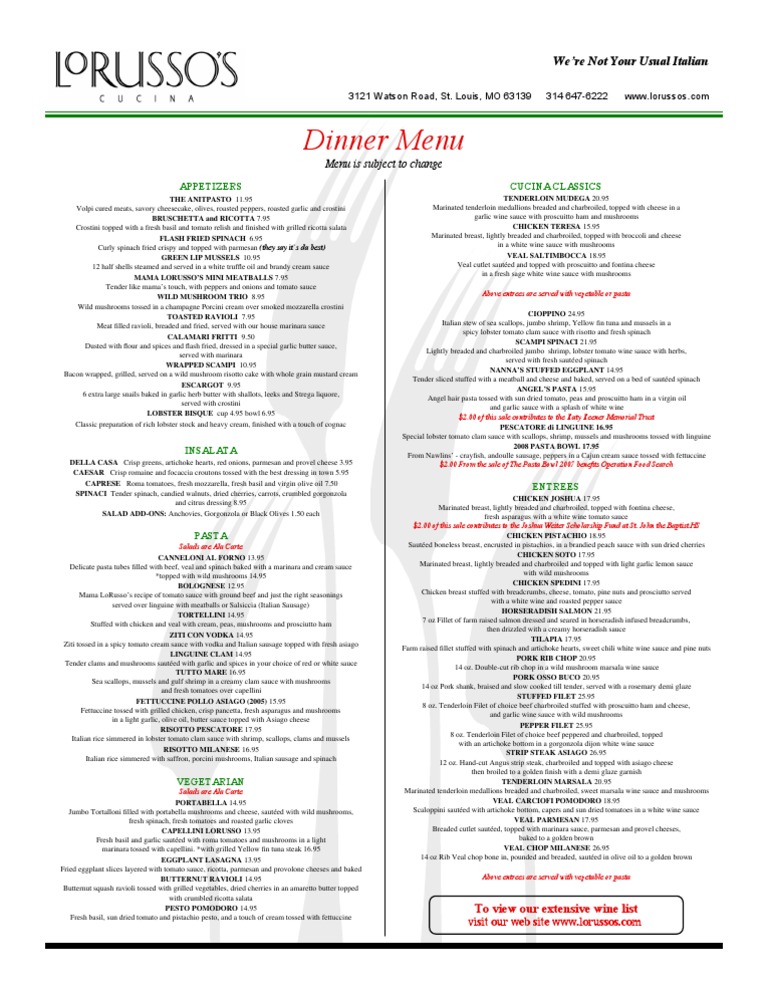 Lorusso's Italian Dinner Menu | PDF | Salad | Pasta