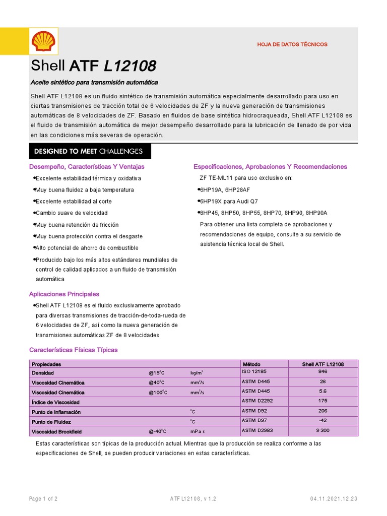 Hoja de Datos Shell ATF L12108 | PDF | Lubricante