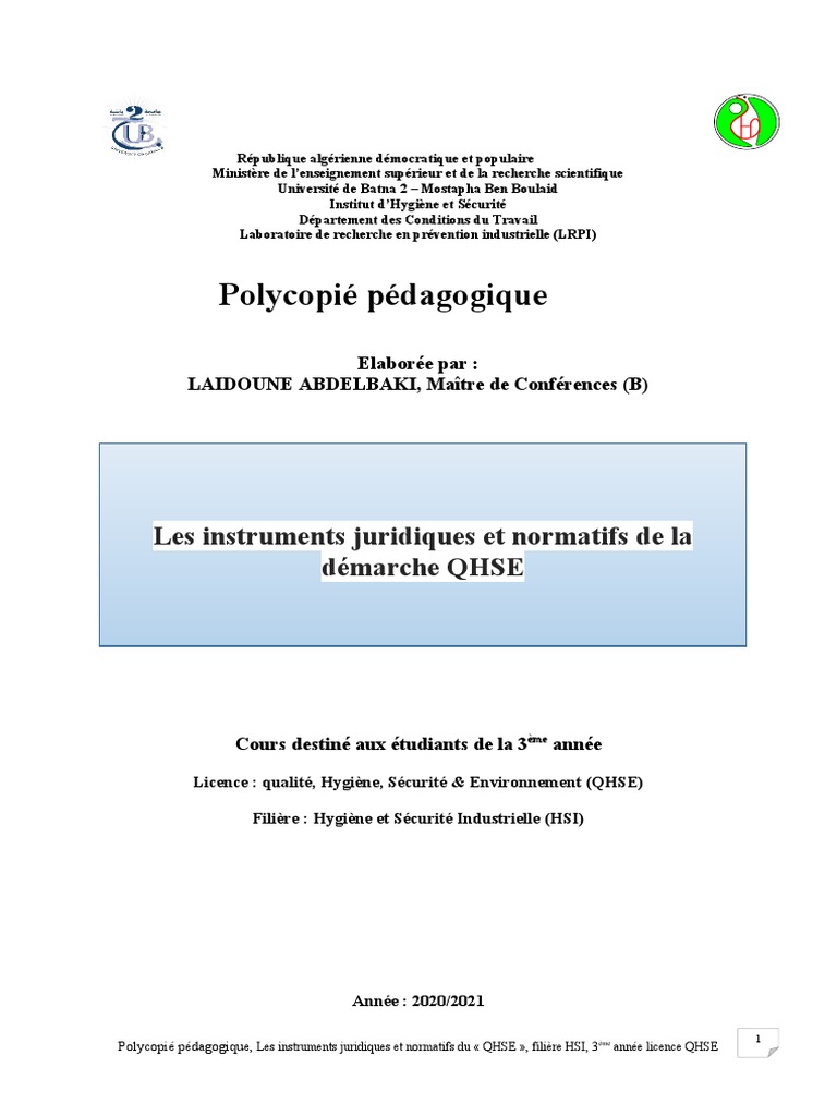 Cours Instruments Juridiques Et Normatifs L3 QHSE PDF