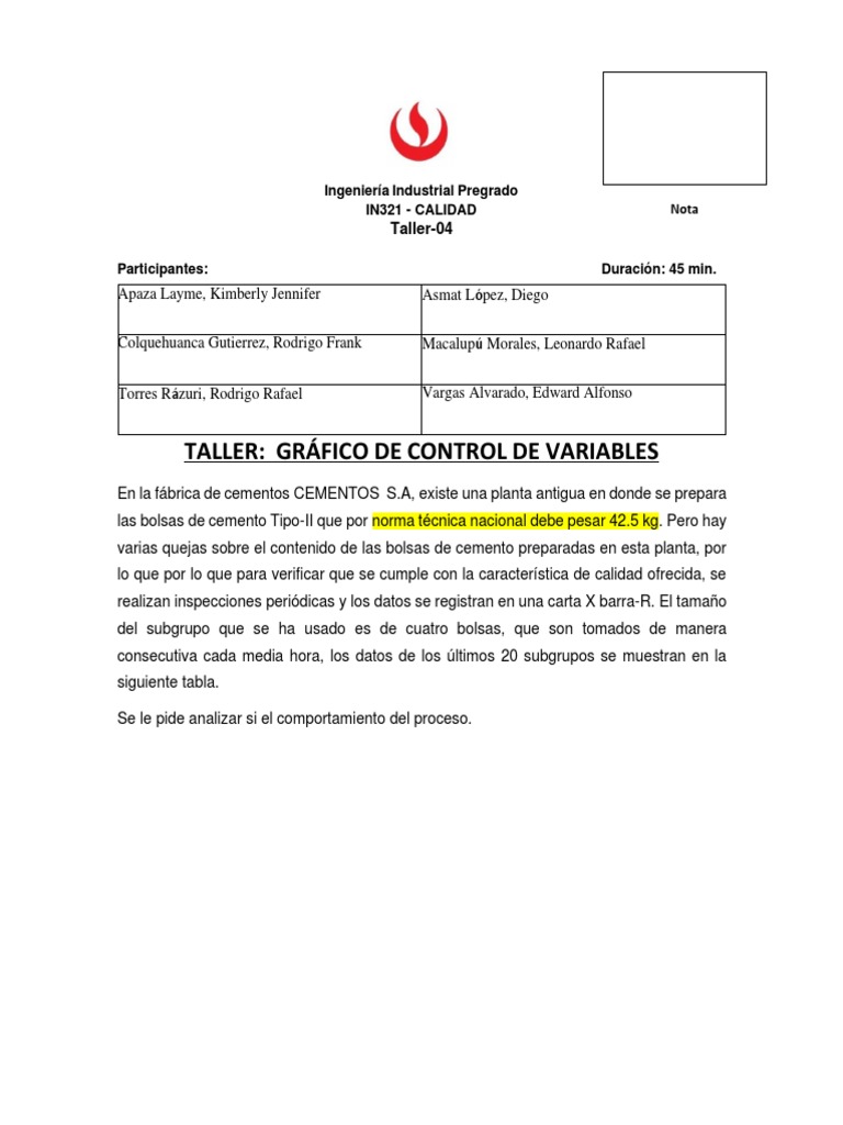 2022-02 CALIDAD Taller 04 Grafico Control Variables X-R | PDF | Tecnología
