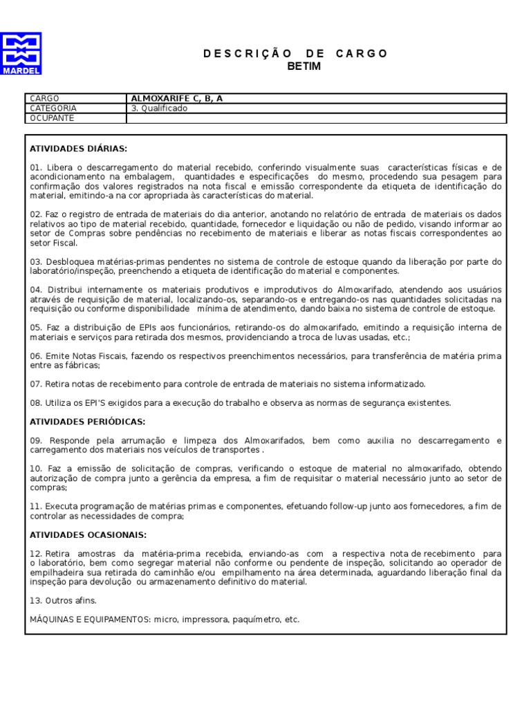 Descrição do Cargo: Almoxarife | PDF | Embalagem e rotulagem | Business