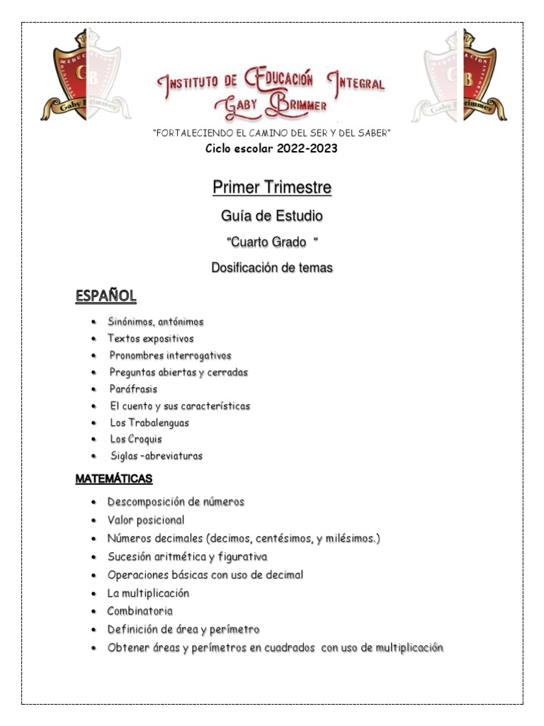 Guía de Estudio Cuarto Grado 2023 | PDF